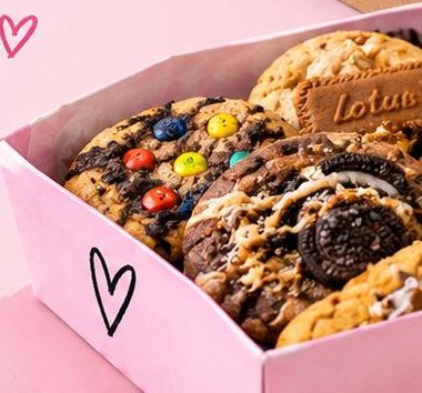 A pink box of chunky cookies